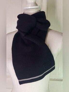 Coach 100% Merino Wool Ribbed Knit Scarf - Black with Contrast Stripe